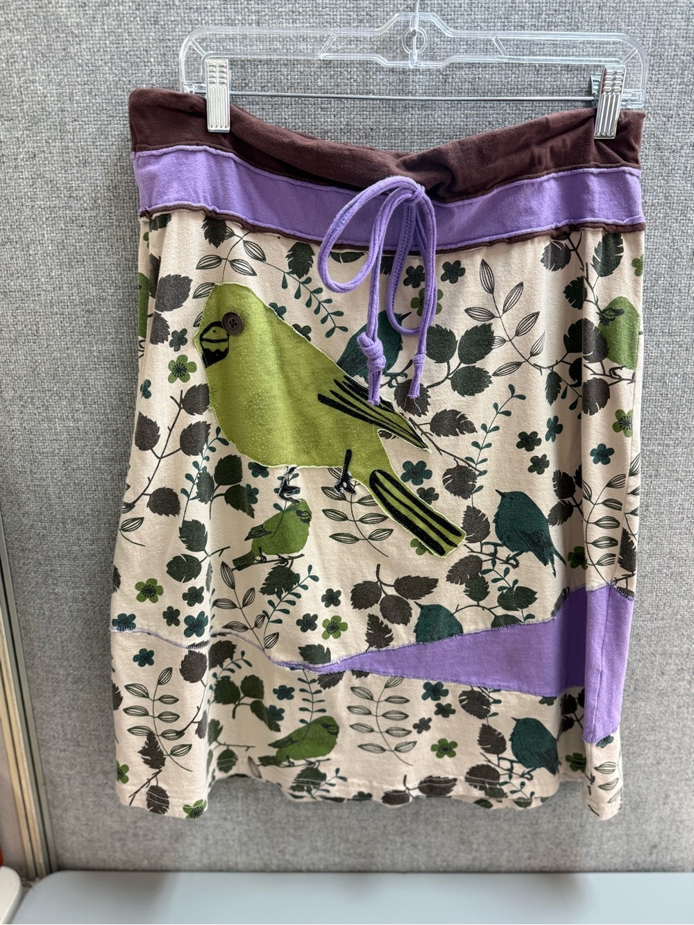 Luna Claire Cream Skirt with Green Bird Motif & Lavender Trim